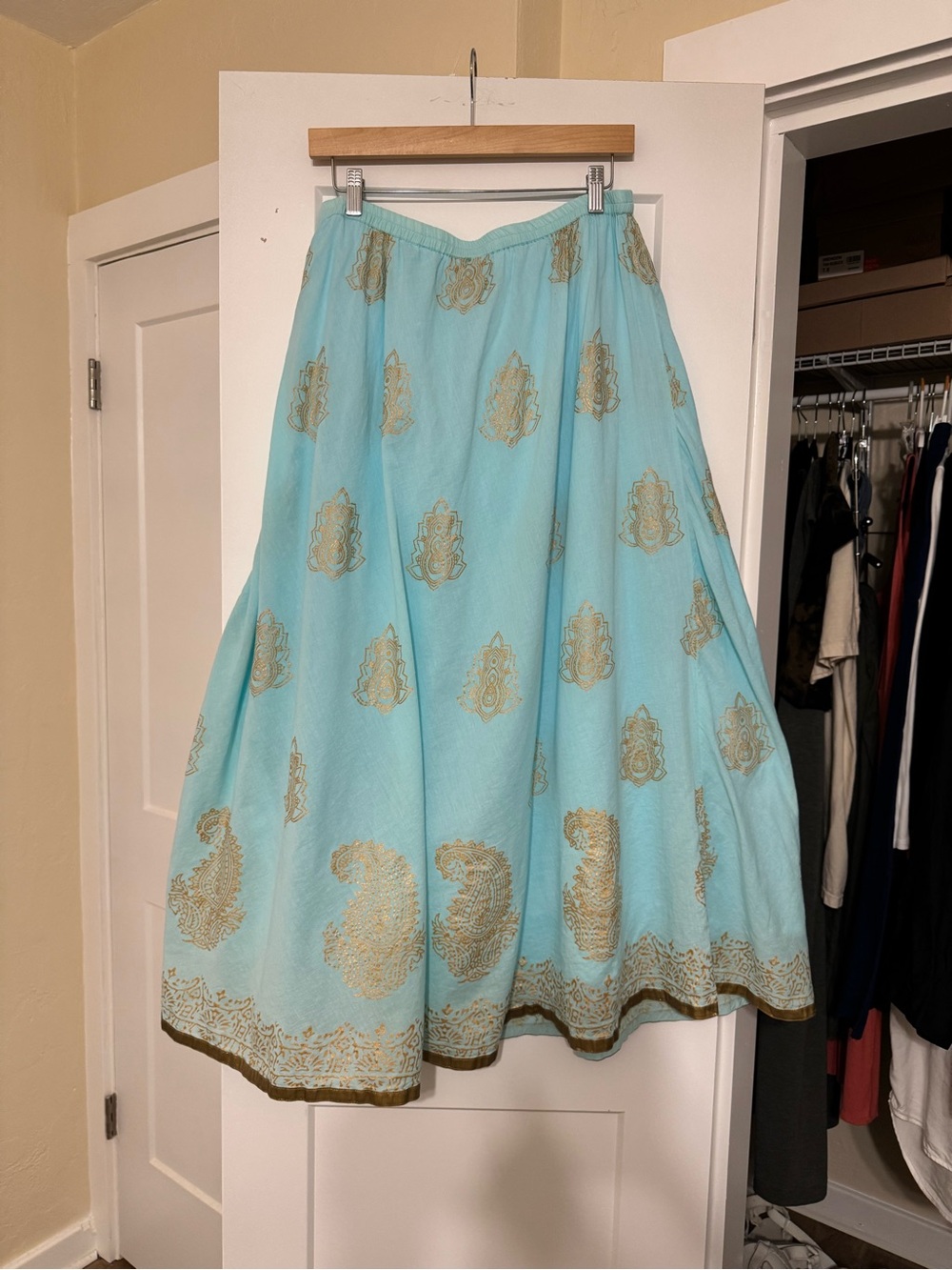 Soft Surroundings Blue Gold Metallic Block Print Cotton Maxi Skirt Womens Medium - Picture 3 of 5